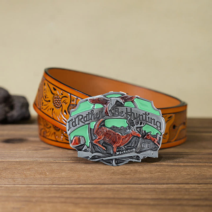 Cinturón de cuero con hebilla para hombre, hecho a mano, con diseño de ciervos en la naturaleza