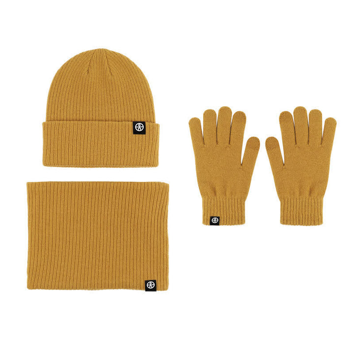 Conjunto de 3 guantes y gorro unisex de color liso, suaves, con bufanda