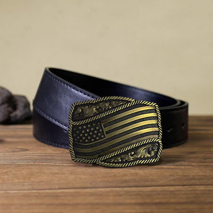 Cinturón de cuero con hebilla antigua de la bandera estadounidense para hombre, hecho a mano