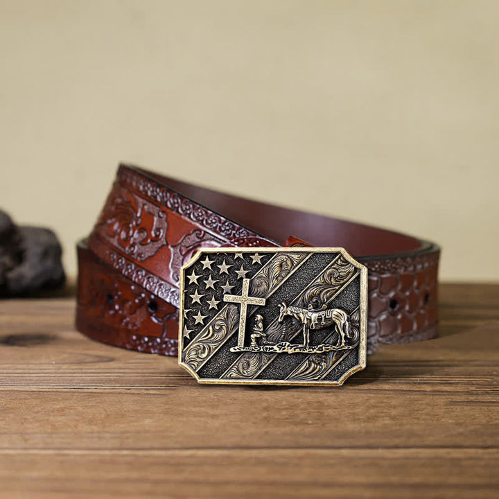Cinturón de cuero con hebilla de caballo y cruz con bandera estadounidense para hombre, hecho a mano
