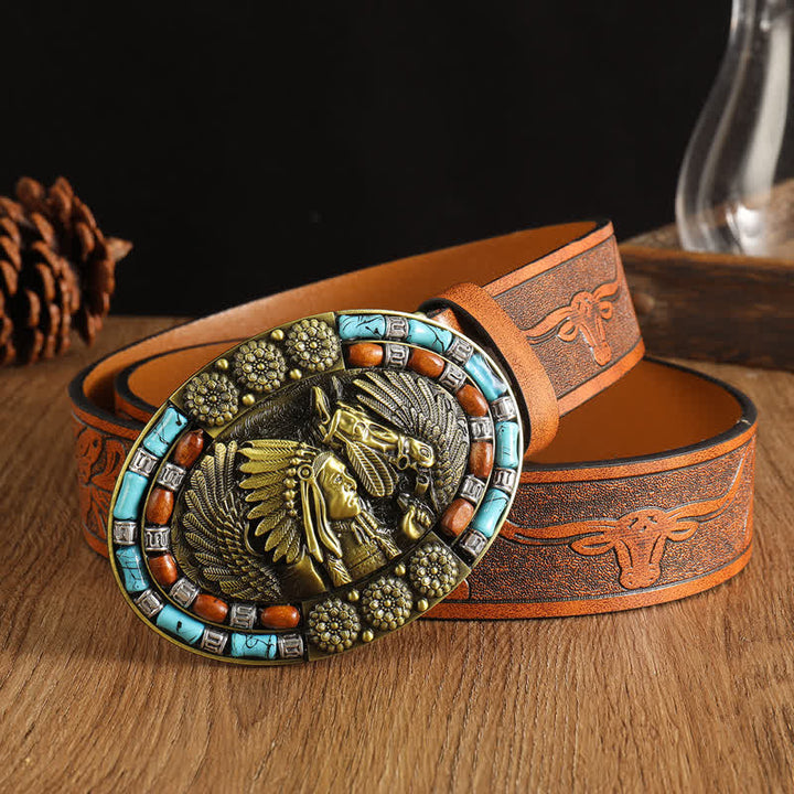 Cinturón de cuero turquesa con diseño bohemio indio para hombre