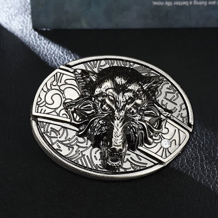 Cinturón de cuero con cuchillo plegable oculto con cabeza de lobo para hombre