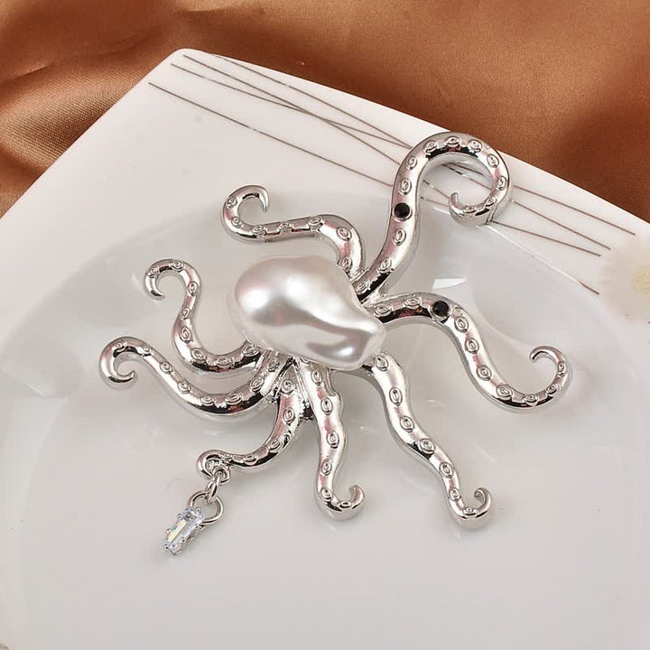 Broche unisex con perla grande en forma de pulpo tropical