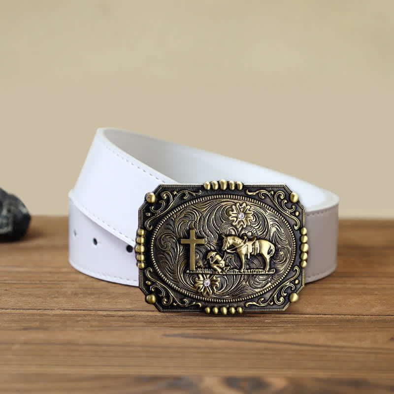Cinturón de cuero con hebilla de oración de rodillas con cruz de caballo para hombre hecho a mano