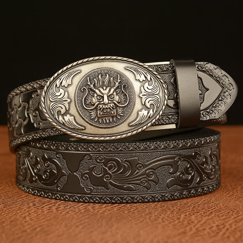 Cinturón de cuero con hebilla elíptica y diseño de dragón para hombre
