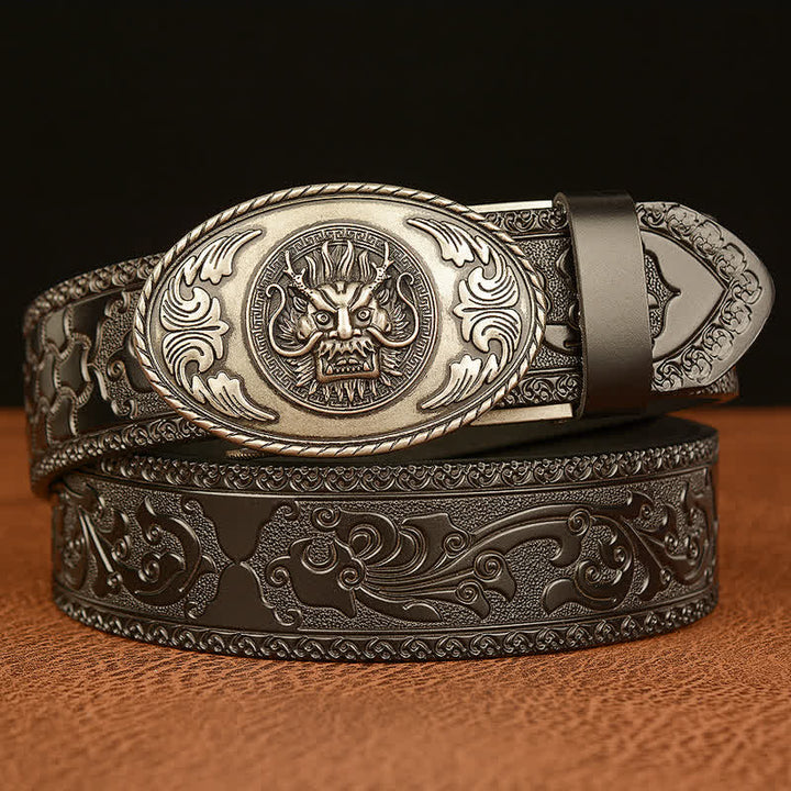 Cinturón de cuero con hebilla elíptica y diseño de dragón para hombre