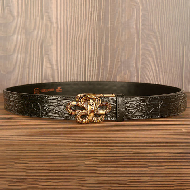 Cinturón de piel de cocodrilo con diseño de cobra rizada para hombre