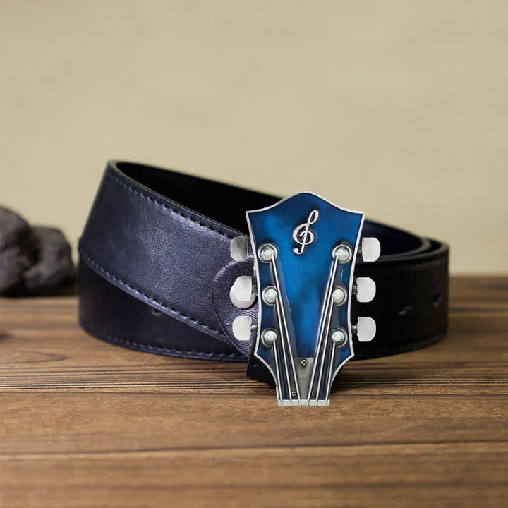 Cinturón de cuero con hebilla de clavijero de guitarra musical para hombre hecho a mano