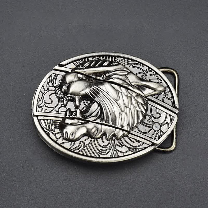 Cinturón de cuero con diseño de tigre rugiente para hombre con navaja plegable