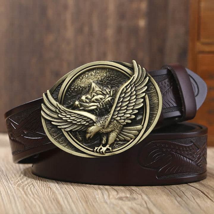 Cinturón de cuero con diseño tallado y hebilla de águila voladora novedoso para hombre
