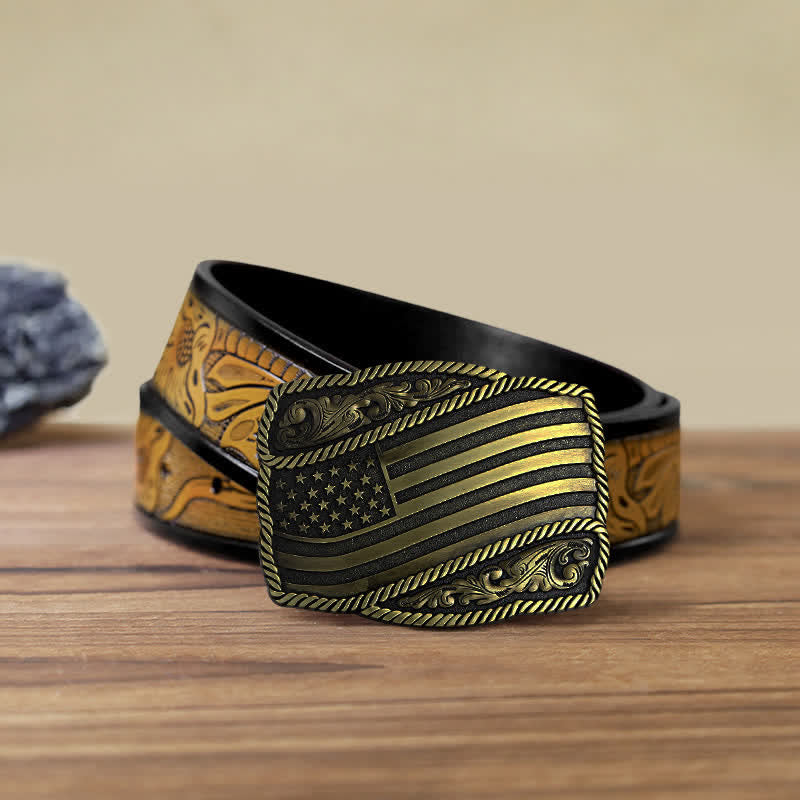 Cinturón de cuero con hebilla antigua de la bandera estadounidense para hombre, hecho a mano
