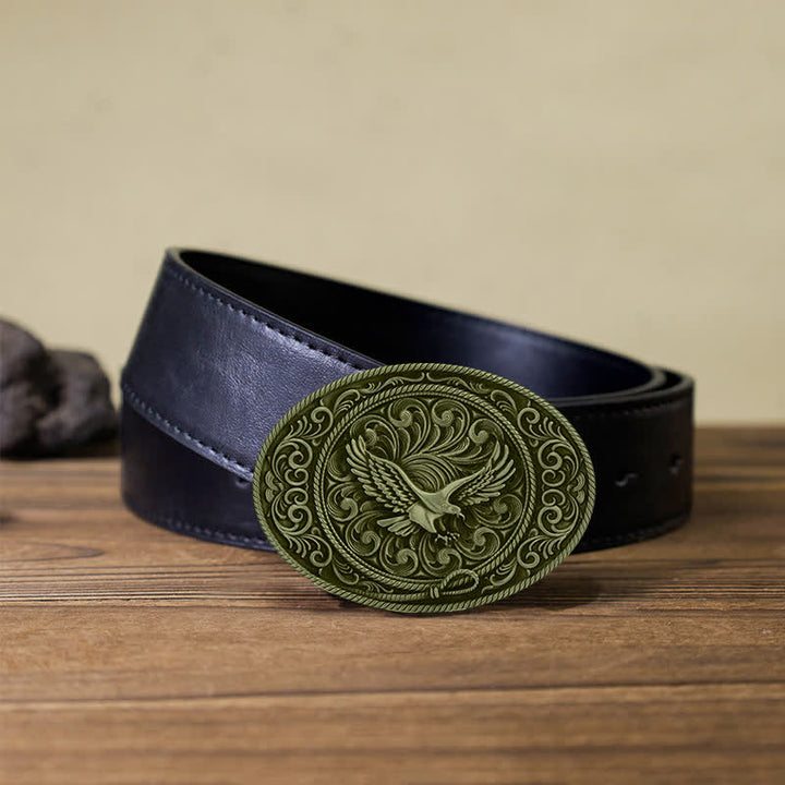 Cinturón de cuero con hebilla floral grabada con águila voladora para hombre hecho a mano