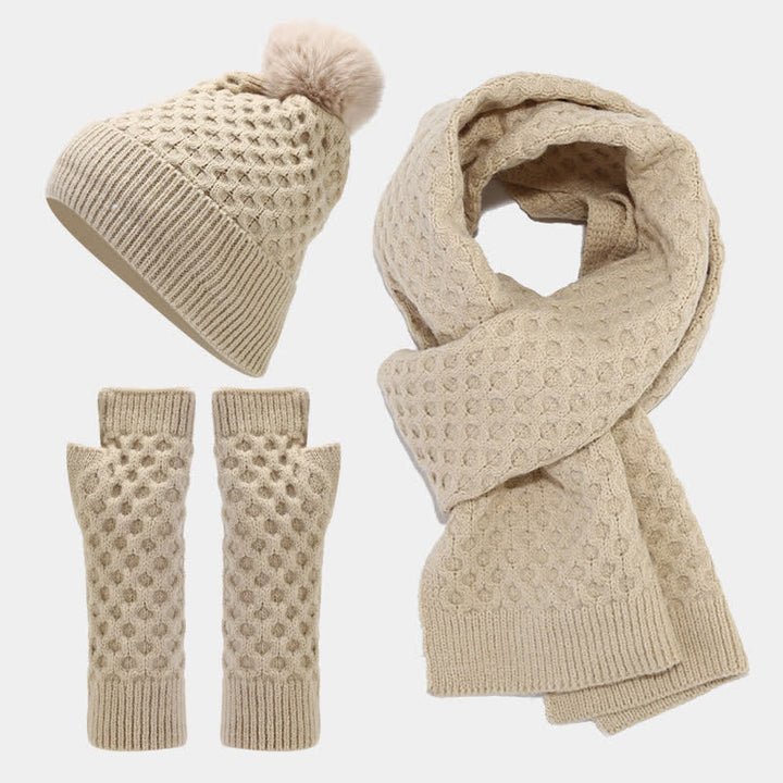 Conjunto de 3 guantes y gorro de punto cruzado para mujer