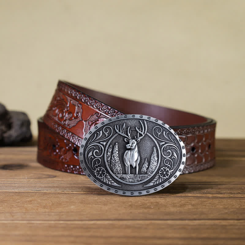 Cinturón de cuero con hebilla ovalada con diseño de ciervo del bosque para hombre hecho a mano