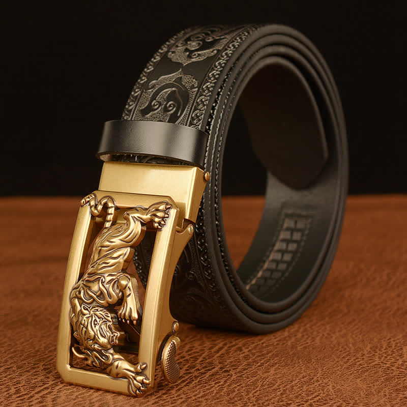 Cinturón de cuero con estampado floral y hebilla de tigre para hombre