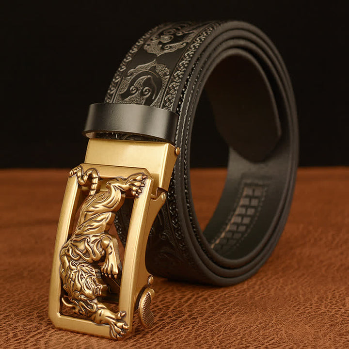 Cinturón de cuero con estampado floral y hebilla de tigre para hombre