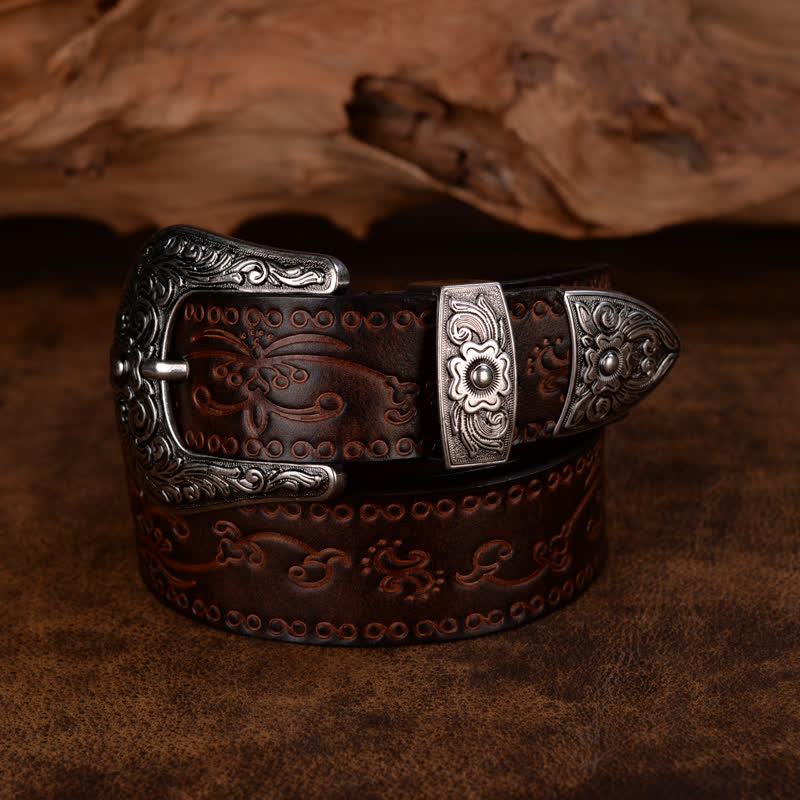 Cinturón unisex de piel con estampado de flores y textura rústica