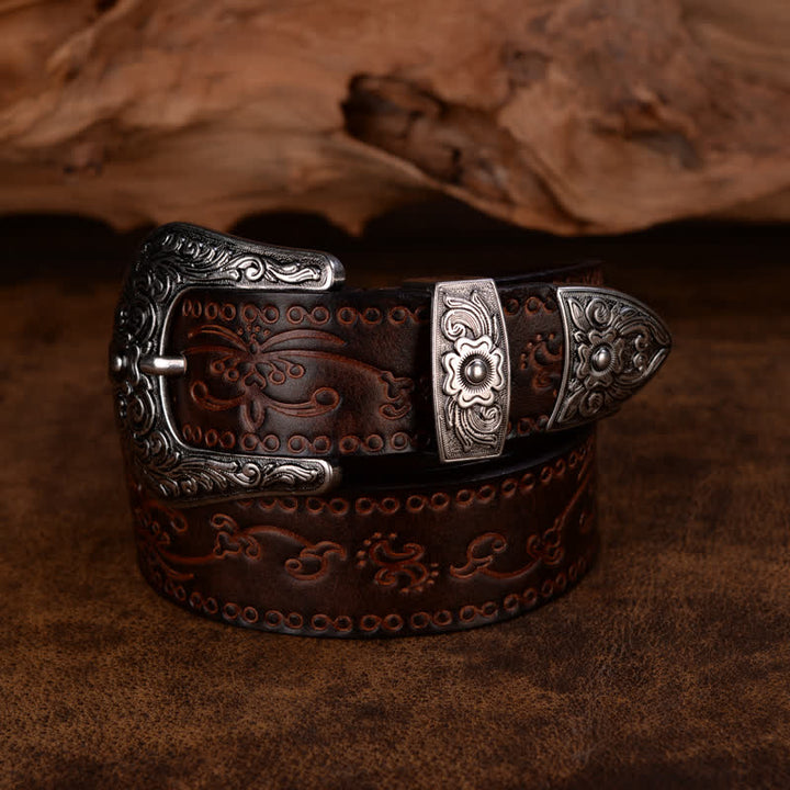 Cinturón unisex de piel con estampado de flores y textura rústica