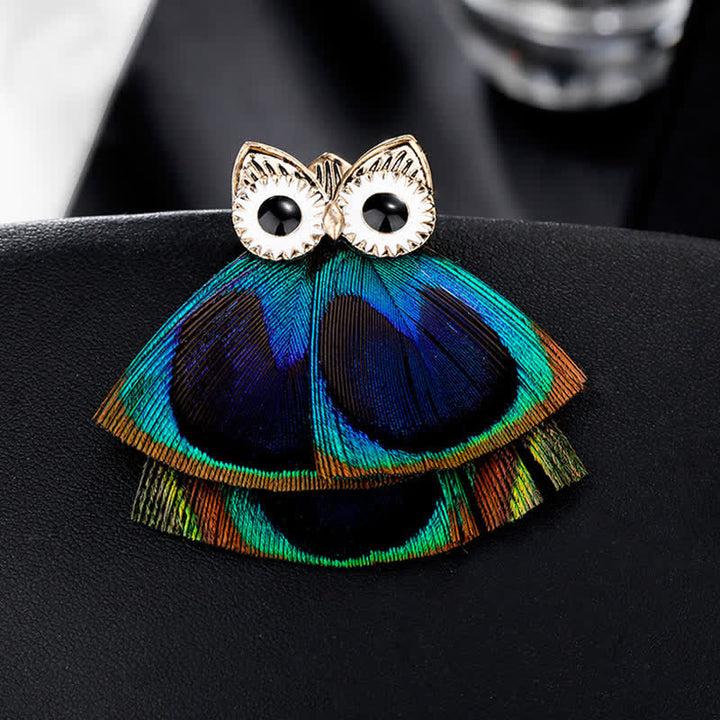 Precioso broche de plumas de pavo real y búho para mujer