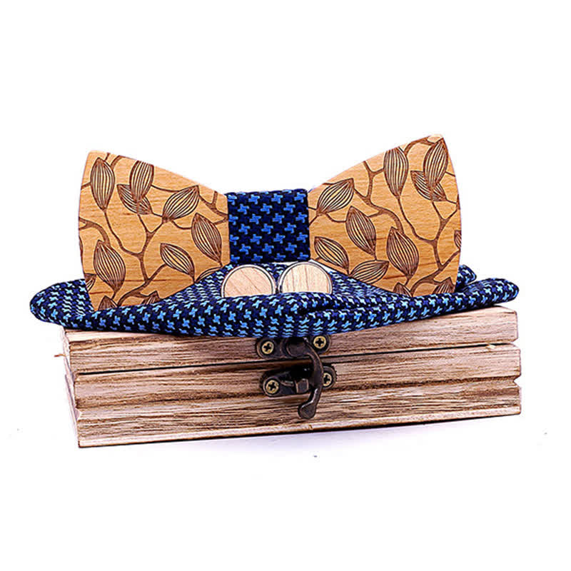 Juego de 3 pajaritas de madera con estampado de hojas para hombre