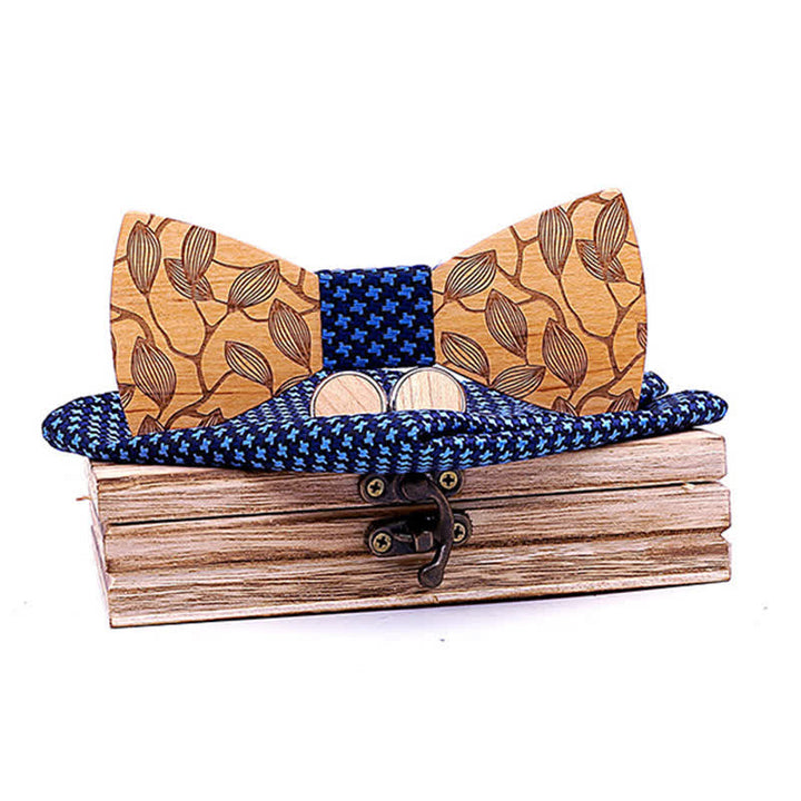 Juego de 3 pajaritas de madera con estampado de hojas para hombre