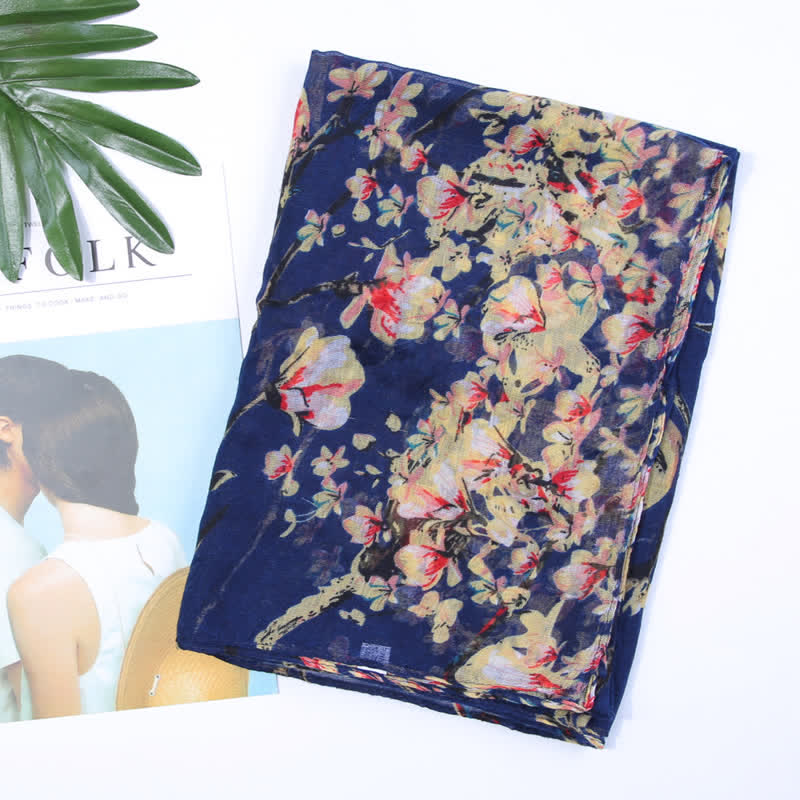 Bufanda ligera con estampado de pájaros y flores para mujer