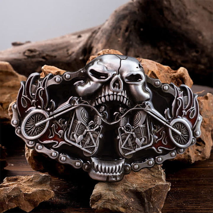 Cinturón de cuero con hebilla de cabeza de fantasma de motocicleta y calavera para hombre