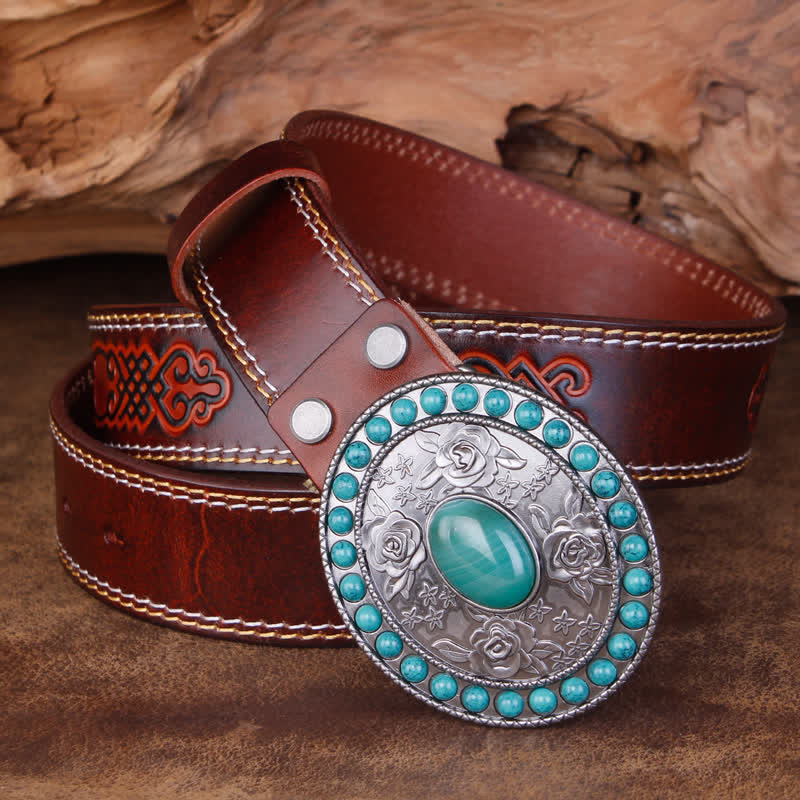 Cinturón unisex de piel de ágata de jade y turquesa rosa tallada