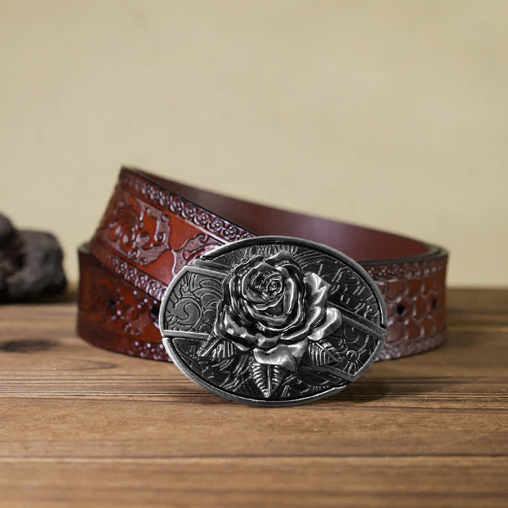 Cinturón de cuero con cuchillo plegable oculto estilo Western Rose para hombre, hecho a mano