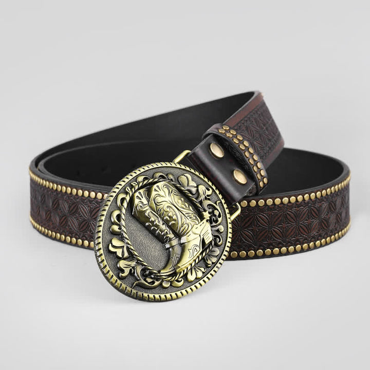 Botas de bronce para hombre con hebilla ovalada y cinturón de cuero