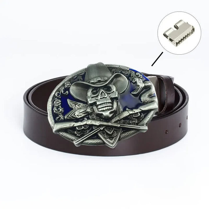 Cinturón de cuero con calavera pirata y pistolas cruzadas para hombre