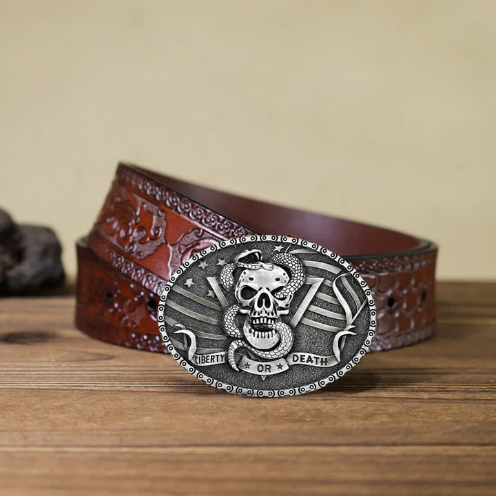 Cinturón de cuero con hebilla de calavera de serpiente "Libertad o muerte" para hombre, hecho a mano