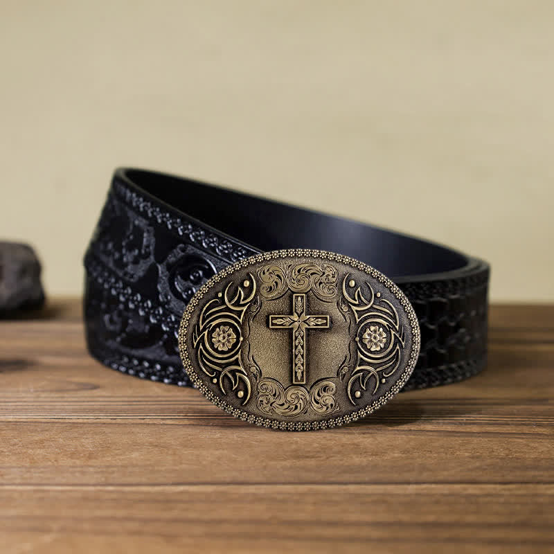 Cinturón de cuero con hebilla floral y cruz de fe para hombre, hecho a mano