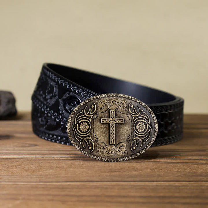 Cinturón de cuero con hebilla floral y cruz de fe para hombre, hecho a mano