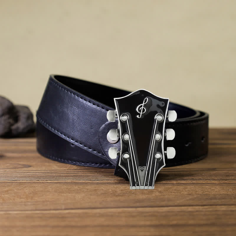 Cinturón de cuero con hebilla de clavijero de guitarra musical para hombre hecho a mano