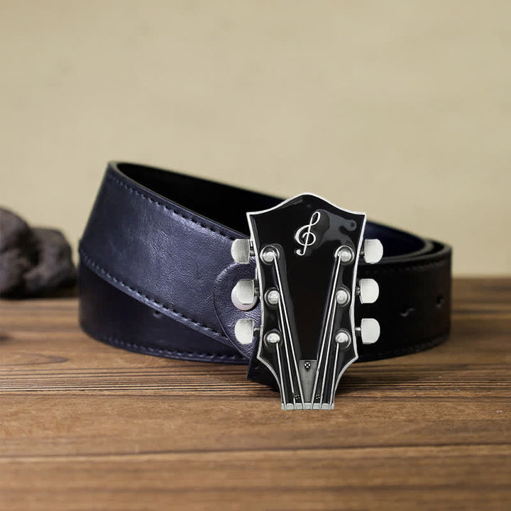 Cinturón de cuero con hebilla de clavijero de guitarra musical para hombre hecho a mano