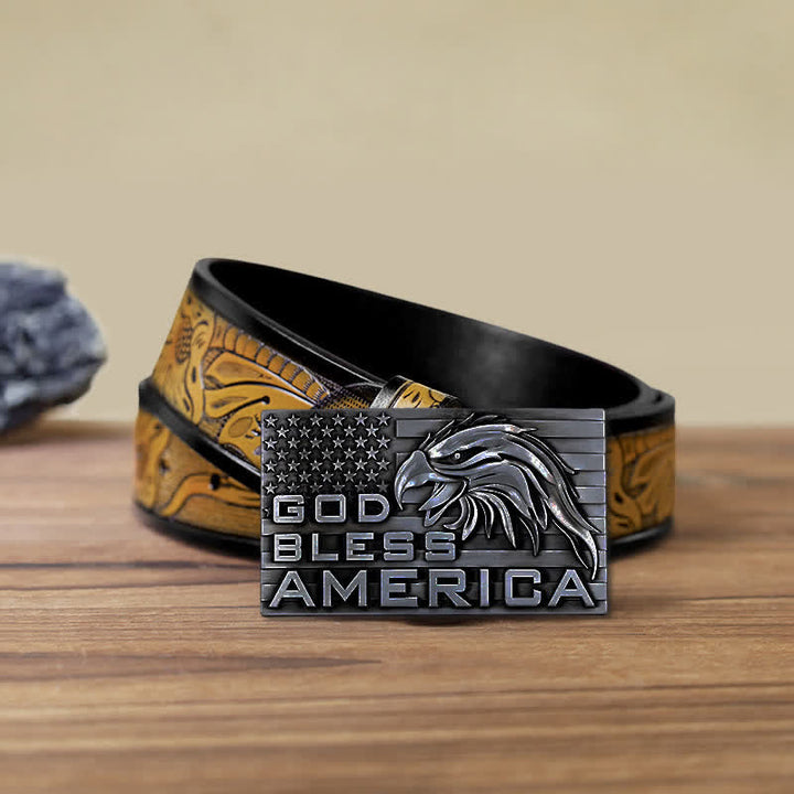 Cinturón de cuero con hebilla de águila God Bless America para hombre, hecho a mano