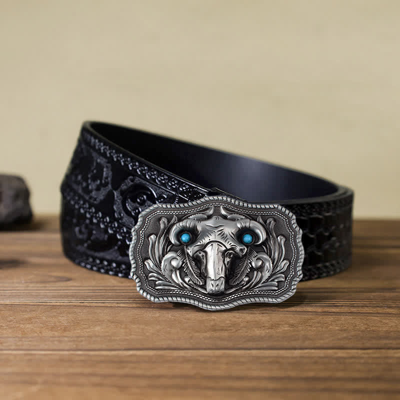 Cinturón de cuero con hebilla turquesa y calavera de cabra para hombre hecho a mano