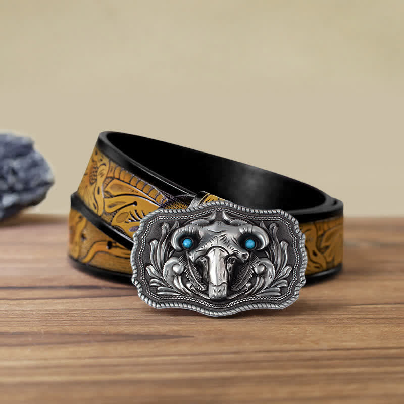Cinturón de cuero con hebilla turquesa y calavera de cabra para hombre hecho a mano