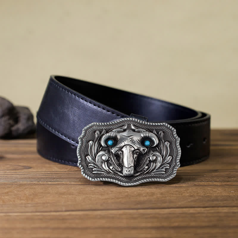 Cinturón de cuero con hebilla turquesa y calavera de cabra para hombre hecho a mano
