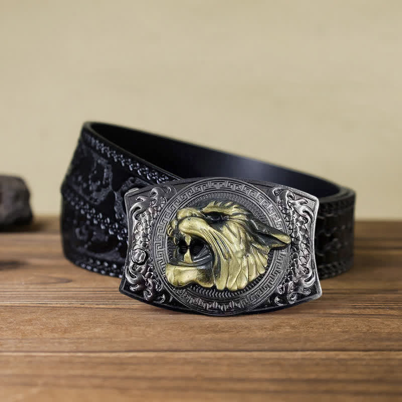 Cinturón de cuero con cuchillo plegable oculto de tigre para hombre, hecho a mano