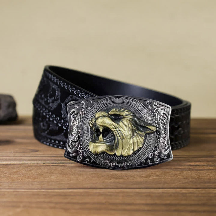 Cinturón de cuero con cuchillo plegable oculto de tigre para hombre, hecho a mano
