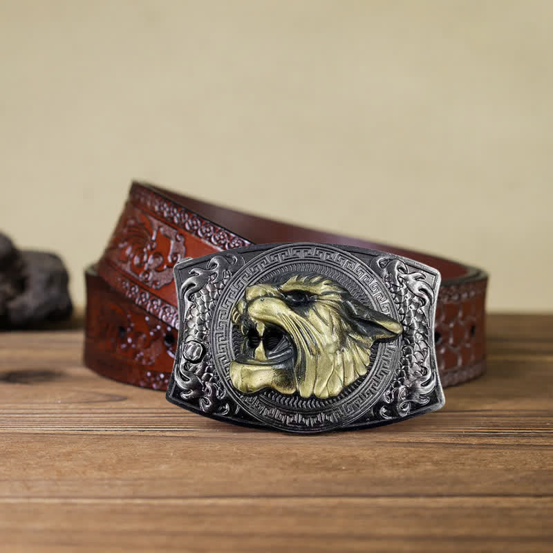 Cinturón de cuero con cuchillo plegable oculto de tigre para hombre, hecho a mano