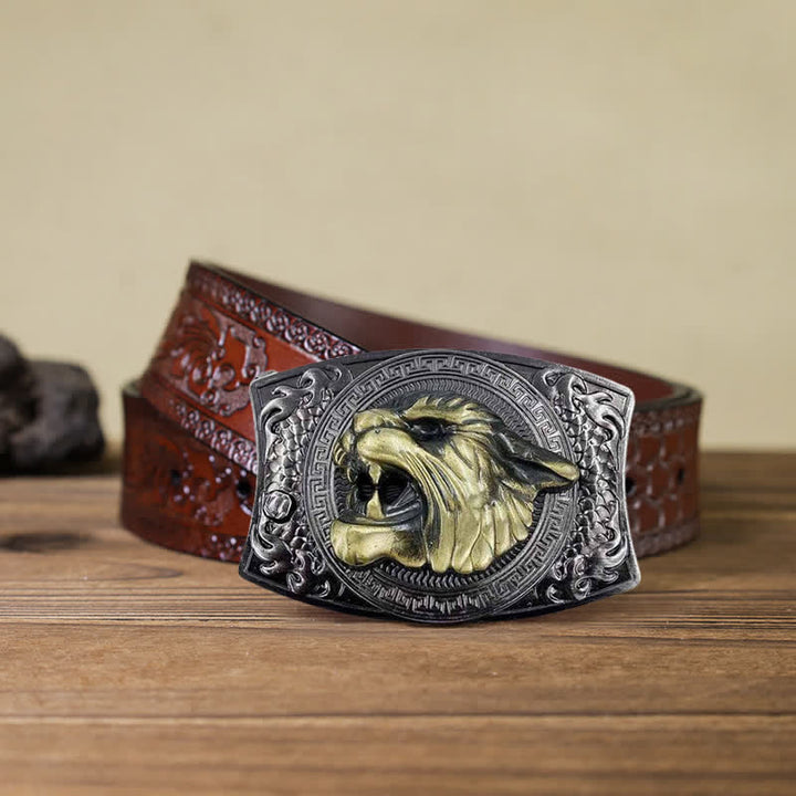 Cinturón de cuero con cuchillo plegable oculto de tigre para hombre, hecho a mano