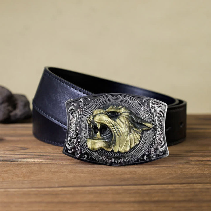 Cinturón de cuero con cuchillo plegable oculto de tigre para hombre, hecho a mano