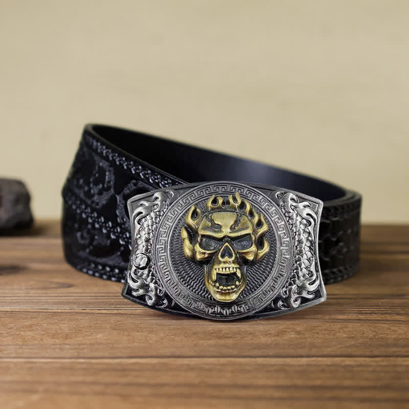 Cinturón de cuero con cuchillo plegable oculto con calavera en llamas para hombre