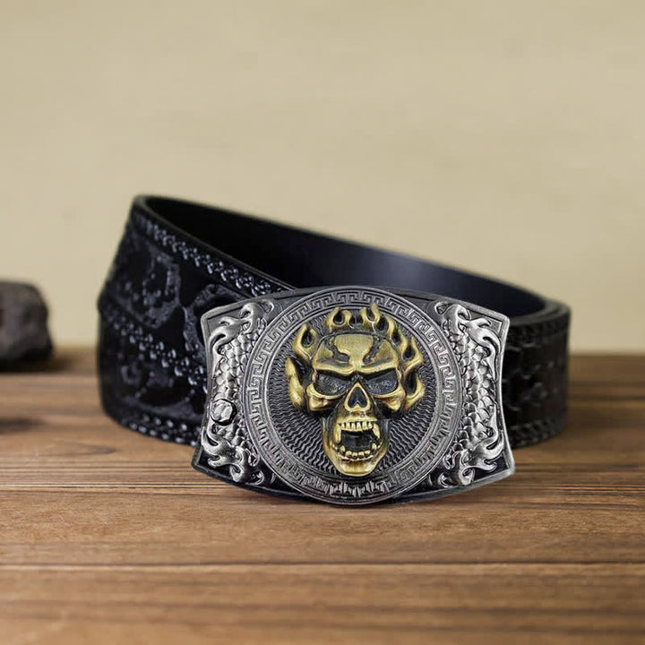 Cinturón de cuero con cuchillo plegable oculto con calavera en llamas para hombre