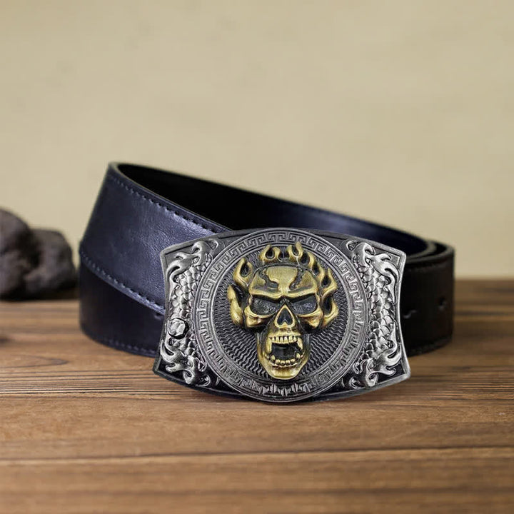 Cinturón de cuero con cuchillo plegable oculto con calavera en llamas para hombre