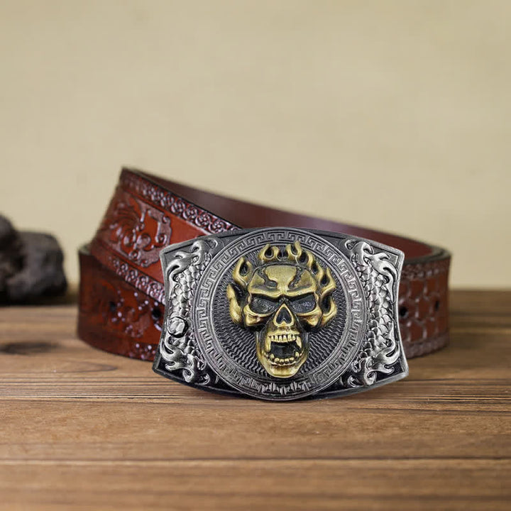 Cinturón de cuero con cuchillo plegable oculto con calavera en llamas para hombre