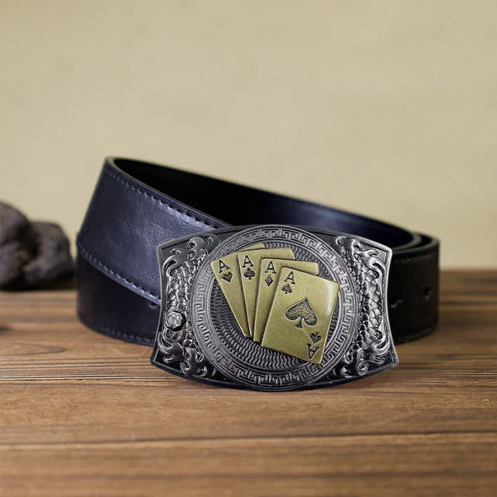 Cinturón de cuero con navaja plegable oculta para hombre, hecho a mano con póker dorado